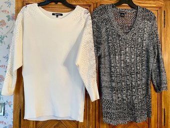 Lot/2 Sweaters - Sweet Rain White Lace - Size S - And Black With Silver Metallic Lauren Michelle - Size M