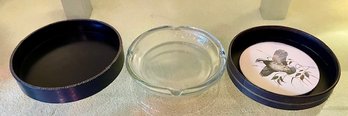 Lot/3 - Two Black 8' Trays And One Vintage Glass Ashtray