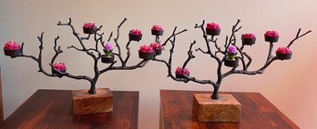 Pair - Metal 'Bronze' Finsihed Tree Tealight Candleholders On Wood Bases - 22'L X 13'T X 7'D Each