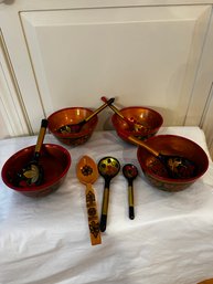 Russian Lacquer Hand Painted Bowls And Spoons
