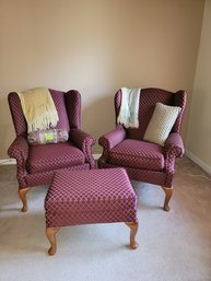 018 - TWO WINGBACK CHAIRS AND OTTOMAN - MEASUREMENTS PICTURED