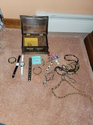 161 - JEWELRY BOX WITH WATCHES AND COSTUME JEWELRY
