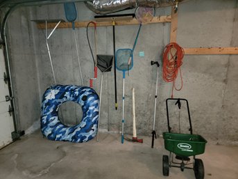 206 - LOT OF POOL ACCESSORIES AND MORE - ALL ITEMS ON WALL