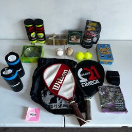 010 - LOT OF MISC ITEMS INCLUDE TENNIS RACKETS, BALLS AND MORE