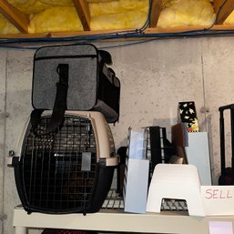 006 - DOG CRATE - ANIMAL CARRYING BAG AND SHELF FULL OF ITEMS (SHELF NOT INCLUDED)