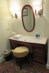 145 - BATHROOM VANITY WITH MIRROR - STOOL - AND ANY ITEMS SHOWN