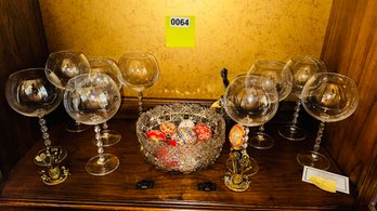 064 - WINE GLASSES AND GLASS BOWL