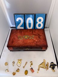 Lot 208- JEWELRY BOX WITH PINS AND ACCESSORIES