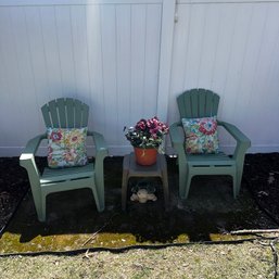 128 -  PAIR ADIRONDACK CHAIRS WITH TABLE DECOR
