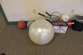 302 ~ ASSORTED RACQUET BALL ITEMS, BASKET BALLS, OTHER