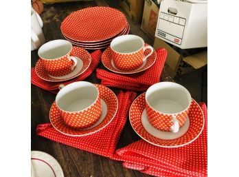 Fitz & Floyd Polka Dot Cups, Saucers, Plates And Matching Napkins