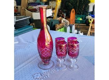 Vintage Red Glass Cordial Set