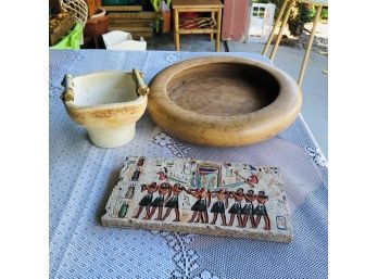 Egyptian Plaque, Round Vessel And Decorative Vase