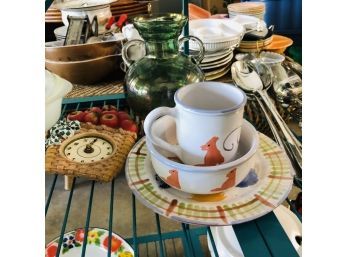 Apple Clock, Green Glass Vase And Painted Dishes