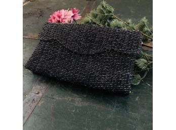 Black Woven Clutch With Silver Flecks