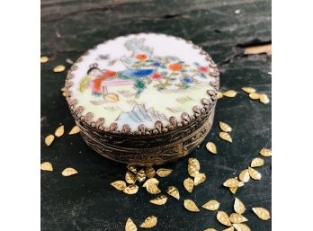 Silver Pill Box With Hand Painted Enamel On Porcelain Top With Mirror