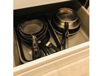 Assorted Pans With Two Small Cast Iron Pans