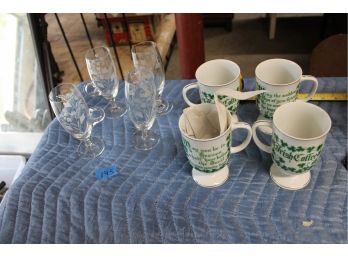 145  Set 8 Expresso Mugs And Etched Glasses