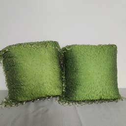 Pair Of Beaded Green Throw Pillows