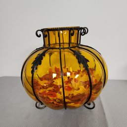 Large Glass & Metal Pumpkin With Leaf Decor