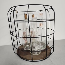 Wire Basket With Lid And 4 Decorative Bottles