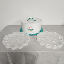 Metal Sweet Baked Good Cake Carrier & 2 Plastic Deviled Egg Trays