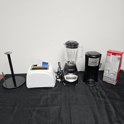 Paper Towel Holder, Black And Decker Blender, Black And Decker Pod Coffee Maker And Mandoline Slicer Lot