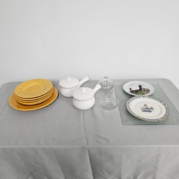 Yellow Dishes, Sugar Bowl, 2 Soup Bowls, Clear Cutting Board, Shot Glass And Clear Condiment Bow, 2 Odd Plates