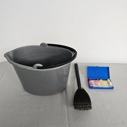 Gray Plastic Cleaning Bucket, Cleaning Brush And Pool Chemical Test Kit Lot