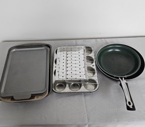 Small And Medium Frying Pans, 12 Count Muffin Pan, 4 Baking Pans, Baking Pan With Rack Lot