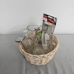 Basket Of Mix, Sugar And Creamer Set, Glass Lid, Meat Thermometers, Vinegar Bottle, Glass Stand