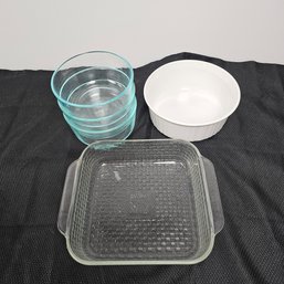 3 Pyrex  Glass Bowls, 1 White Baking Bowl, 1 Square Pyrex Baking Dish Lot