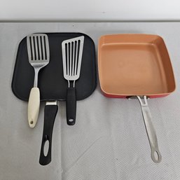 Red Copper Frying Pan, Griddle Pan, 2 Spatulas Lot