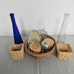 Blue And Clear Bottle, Wooden Coasters, Wooden Salt Keeper, Pepper Grinder, Clear And Pear Plate Lot