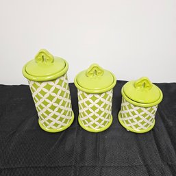 Set Of 3 Green/white Lattice Canister