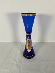 Blue Czech Glass Enamel Vase