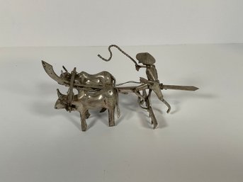 Antique Sculpted Silver Farmer Plowing W/ Buffalo