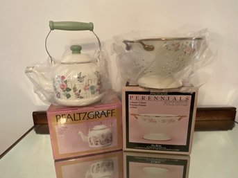 Pfaltzgraff Tea Pot & Colander (NIB)