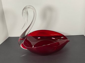 Duncan & Miller Cranberry & Clear Glass Swan Bowl