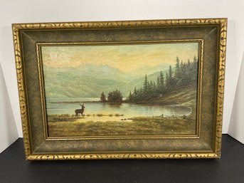 Antique Oil Painting - Deer/Lake/Mountain