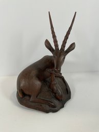 Vintage Carved Wood African Antelope W/ Baby - (DM)