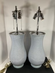 Pr -Mid Century Blue Crackle Glaze Ceramic Lamps - (DM)