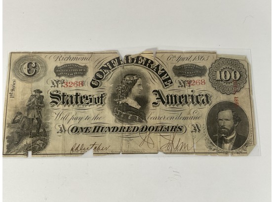 1863 Confederate (Lucy Pickens) $100 Note -