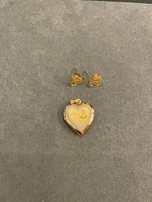10k And 14k Locket Necklace Earrings And One Cuff Link.