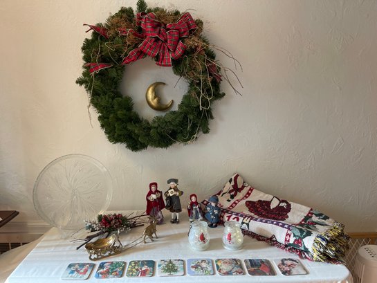 Christmas Lot Including BrassReindeer And Sleigh, Vintage 12 Days Throw And Vintage Coasters