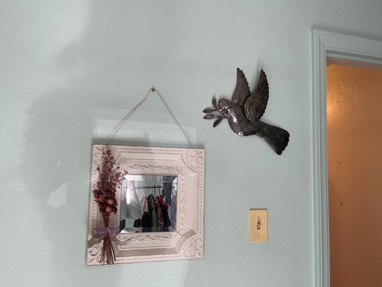 Pretty Mirror With Dried Flowers Accent, Metal Bird And White Wall Shel