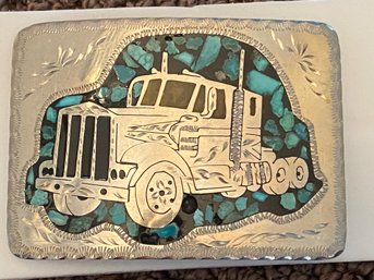 Truckers Belt Buckle.  Silver/Metal Color.  Inlaid Turquoise Chips