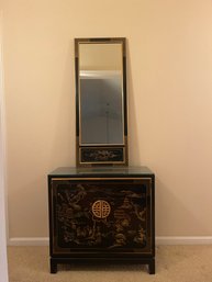 Drexel Heritage Black Lacquer Chinoiserie Style Cabinet And Matching Mirror