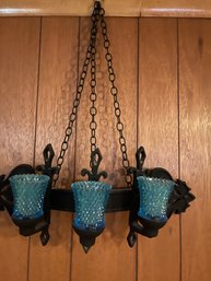 60's Iron Mid Evil Hanging Candelabra With Blue Holders