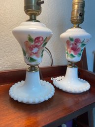 Two Antique White Milk Glass Lamps